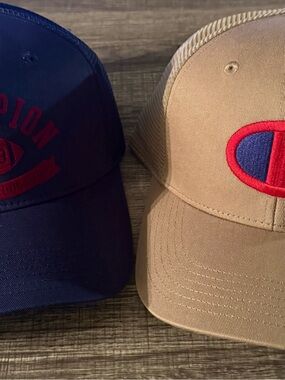 Champion Brand Hats - Tan Cap and Red & Blue Embroidered Logo